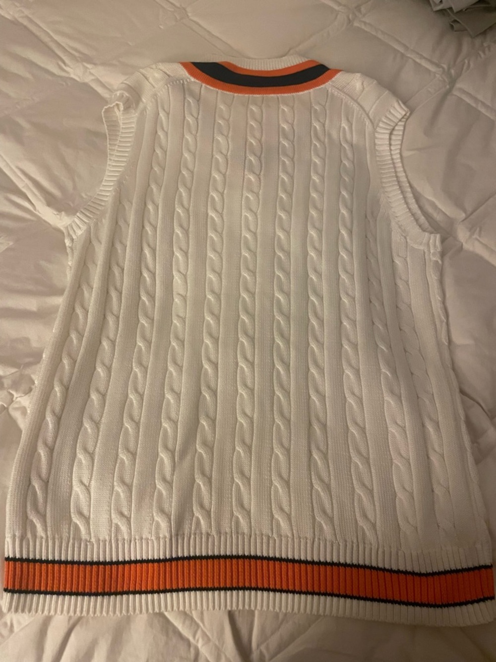 Brooks Brothers White Cable-Knit V-Neck Sweater Vest with Orange & Navy Trim - Picture 3 of 3
